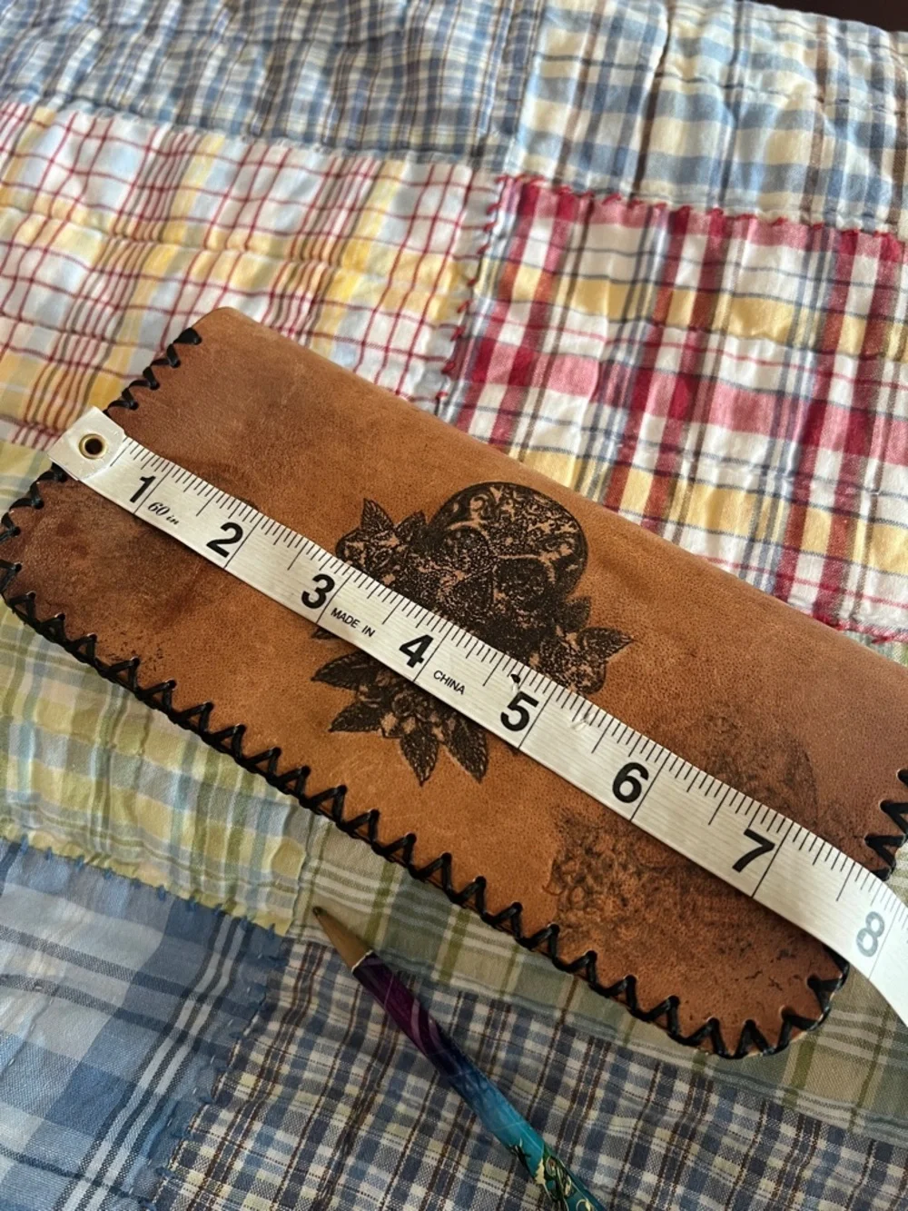 By Bodzi Handcrafted Brown Leather Clutch Wallet Owl Skull Rose